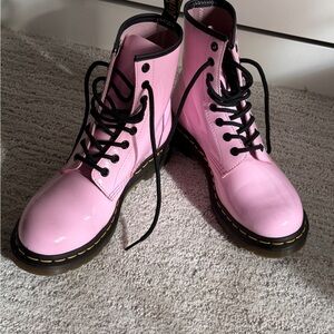 Dr. Martens Pink Patent 8-Eye Combat Boots with Black Laces